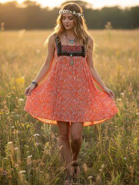 Hazel S Women's Orange Black Embroidered Sleeveless Flowy Dress Babydoll Boho